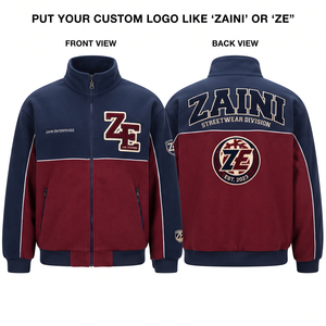 เสื้อแจ็คเก็ตวิ่งผ้าฟลีซบาง 240 GSM เนื้อผ้านุ่มพรีเมียม สีกรมท่า-แดงเลือดหมู  ตกแต่งด้วยโลโก้เชนิลล์แบบกำหนดเอง  OEM ODM กันน้ำ สำหรับผู้ชาย - Product Image 1