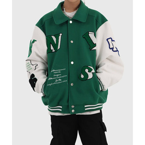 Green <b>White</b> Varsity <b>Jacket</b> <b>Men</b> Preppy Style Embroidered Letter Pattern Turn-down Collar Regular Fit Autumn Wear - Product Image 1