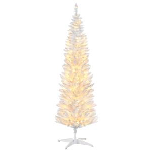 Albero di Natale Artificiale Sottile da 1,5 m con Rami Realistici e Luci LED Bianche Calde, Albero di Natale a Matita con Base Bianca - Product Image 1