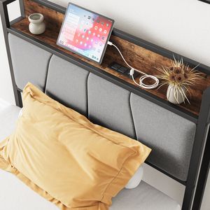 Twin Size <b>Bed</b> Frame with Storage Headboard Up-Holstered & Charging Station Solid & Stable No Box Spring Needed <b>Easy</b> Assembly - Product Image 3