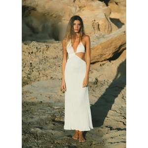 Vestido largo de verano para mujer, blanco, con cuello en V, recortes, ecológico, teñido liso, cintura natural, sin espalda, para playa - Product Image 1