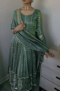 Green Indian Pakistani <b>Suit</b> <b>Women's</b> Floor-Length Loose Fit Embroidered Dress Wedding Wear - Product Image 6