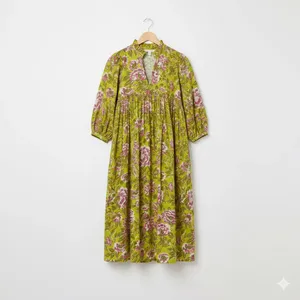 Women Yellow Floral Print Cotton Midi <b>Dress</b> With Puff Sleeve <b>Loose</b> Fit Collared Neck Casual Spring <b>Dress</b> With Pockets - Product Image 3