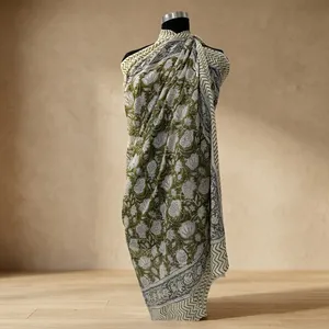 Olive Green Floral Hand Block Printed Cotton Sarong Scarf with Chevron Border Lightweight <b>Beach</b> <b>Wrap</b> Stole for Women - Product Image 3