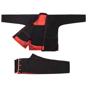 Ensemble de kimono de karaté noir avec accents rouges, unisexe, adulte, léger, en polyester/coton, avec extensibilité et séchage rapide pour l'entraînement - Product Image 2