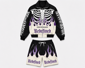Ensemble veste coupe-vent et short pour homme, style streetwear, imprimé flamme, fermeture éclair, performance, noir et violet, respirant - Product Image 1