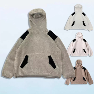 OEM logotipo personalizado mullido polar color bloque bolsillo pesado invierno patchwork hombres con ojos agujeros cálido sólido Sherpa Sudadera con capucha - Product Image 4