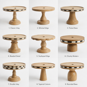 Support à gâteau rond en bois fait main, personnalisé, avec bordure incrustée noire et blanche, présentoir à dessert en bois massif naturel - Product Image 2