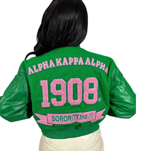 เสื้อแจ็คเก็ตวาร์ซิตี้สีชมพูและสีเขียวแบบครอปสำหรับผู้หญิง ดีไซน์ลายไอวี่แบบเชนิลล์ แขนยาว แฟชั่นสไตล์ชมรมนักศึกษา - Product Image 6