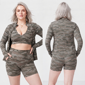 Customized Camo Printed Gym Wear Three Piece Set Women's Sports Bra Compression Shorts Custom Print Long Sleeve Training Jacket - Product Image 4