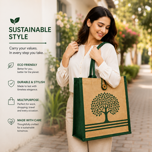 Jute Shopping <b>Bag</b> <b>Medium</b> <b>Size</b> Tree Pattern Green Handles Button Closure Groceries Tote - Product Image 3