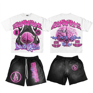 Conjunto de camiseta y pantalones cortos de algodón con lavado ácido para mujer, 240GSM, estampado gráfico vintage negro, logotipo personalizado, 100% algodón. - Product Image 2