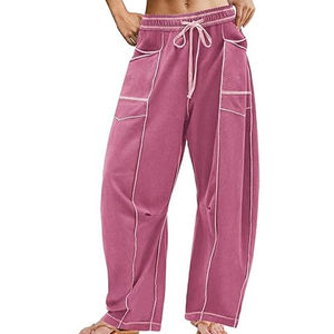 Pantalon large bleu marine pour femme avec surpiqûres blanches, taille haute à cordon, coupe décontractée, longueur complète, en coton infroissable - Product Image 1