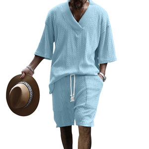Men's Plus Size Gray <b>Knitted</b> Cotton Short Sleeve Shirt Shorts <b>Set</b> Solid Color Casual Summer Wear Breathable Quick Dry - Product Image 5
