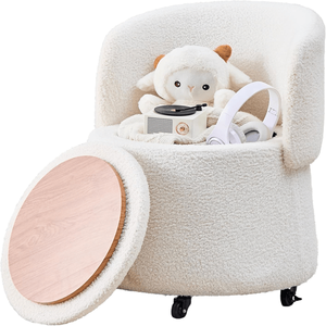 Pouf Contenitore Rotondo in Velluto Teddy Bianco con Ruote, Poggiapiedi Comodo per Toeletta e Ingresso, Arredo per la Casa - Product Image 1