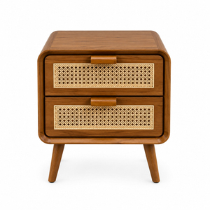 Teak Wood Premium Scandinavian Wholesale Teak Wood Weave Bedside 2 <b>Drawer</b> Natural Finish Bedside Cabinet with Rattan <b>Drawers</b> - Product Image 3