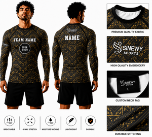 เสื้อรัดกล้ามเนื้อแขนยาวสำหรับกีฬา MMA แบบแห้งเร็ว พิมพ์ลายสีดำทอง  ยี่ห้อ SINEWY SPORTS  พร้อมโลโก้สั่งทำพิเศษ สำหรับทั้งชายและหญิง - Product Image 1