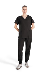 Ensemble de blouses médicales noires pour femmes, haut à col en V avec poches et pantalon de jogging, uniformes d'hôpital, tissu polyester tissé - Product Image 5