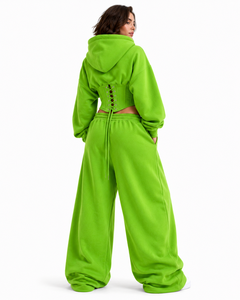 Manufacturer Women's <b>Lace</b>-<b>Up</b> <b>Corset</b> Waist Hoodie & Wide Leg Sweatpants Sets Custom Bulk Heavyweight Cotton Fleece Streetwear ODM - Product Image 2