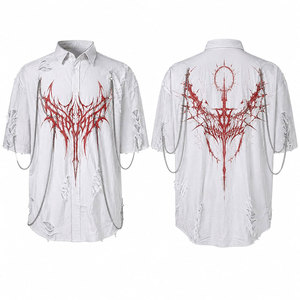 เสื้อเจอร์ซีย์สีดำทรงโอเวอร์ไซส์สไตล์โกธิค แขนสั้น ผ้าฝ้าย 100% แต่งโซ่ ดีเทลขาดๆ แบบไฮสตรีท - Product Image 4