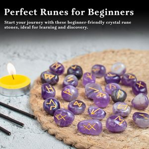 Ensemble de pierres runiques en améthyste, cristal poli gravé avec des symboles Futhark, forme irrégulière, REIKI, divination religieuse, décoration de la maison - Product Image 5