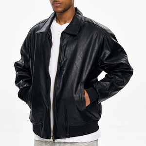 Chaqueta Bomber de Cuero Genuino Negro para Hombre, Cuello Camisero, Cierre de Cremallera, Informal, Otoñal, Resistente al Viento, Ecológica - Product Image 2
