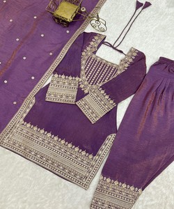 Salwar Kameez en soie violette avec dupatta brodé, tenue décontractée pour femme, longueur au sol, style Inde Pakistan, KB-303 85209 - Product Image 3