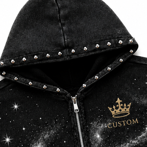 Sweat à capuche noir personnalisé à clous et strass, en molleton 100% coton, avec broderie logo couronne, coupe ample, style streetwear hiver unisexe - Product Image 3