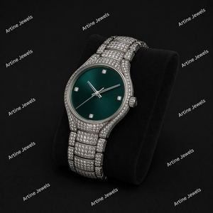 Reloj con Esfera Verde Esmeralda y Diamantes, Caja Plateada con Cristales, Elegante, Minimalista, de Lujo, Brillante, Regalo de Moda Unisex - Product Image 2
