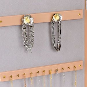 Mensola a tre livelli in legno e pelle da parete con specchio interno non a tutta pendenza, mobiletto porta gioielli con specchio integrato color pesca - Product Image 5