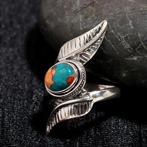 Bague de fiançailles artisanale en argent sterling 925 de style bohème pour femme, magnifique pierre précieuse turquoise coquille Saint-Jacques en cuivre, taille ovale - Product Image 3