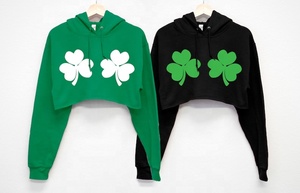 เสื้อฮู้ดครอปสีดำสำหรับผู้หญิง พิมพ์ลายโคลเวอร์สีเขียว แขนเสื้อแบบปกติ ผ้าถัก สไตล์ลำลอง สำหรับฤดูใบไม้ผลิ - Product Image 4