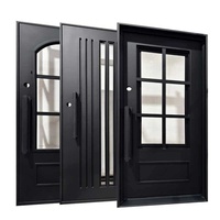 Porte d'entrée en fer forgé de luxe royal, résistante à la rouille, à montage facile, avec panneau en verre cintrée et motif complexe