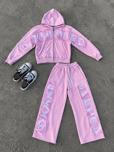 Custom <b>Lightweight</b> Zip <b>Hoodie</b> Raw Edge Applique Letter Patch Wide Leg Sweatpants Luxury Streetwear Eco-Friendly Casual Cotton - Product Image 6
