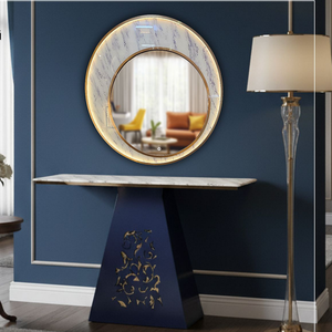 Elegant SS PVD frame <b>mirror</b> with a fabric-laminated console table, perfect for adding a touch of sophistication to your spaces - Product Image 1