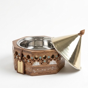 Olla de Madera de Lujo con Tapa Cónica de Acero Inoxidable e Incrustaciones de Madreperla, Calentador de Comida Moderno para Ramadán y Majlis, Juego de 3 Piezas - Product Image 3