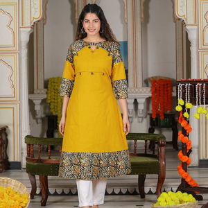 Womens Mustard Cotton Blend Kalamkari Printed A Line Kurta Kantha Work Keyhole Neck <b>Three</b> Fourth Sleeves Designed Global Wear - Product Image 1