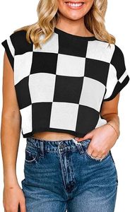 Women's Casual Breathable Plaid Jacquard Regular Sleeve Short Sleeveless Vest Thin Summer Color <b>Block</b> Knit Shirt Washable - Product Image 3