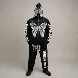DRIFTWEAR IMPEX Survêtement tricoté surdimensionné à imprimé papillon en relief - Hoodie zippé streetwear hip-hop orné de strass et joggers superposés - Product Image 2