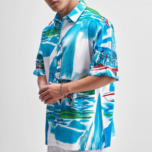 เสื้อเชิ้ตฮาวายแขนสั้นพิมพ์ลายสีน้ำเงินสำหรับผู้ชาย ปกคอพับได้ เหมาะสำหรับใส่ในช่วงวันหยุดฤดูร้อน ผ้าป๊อปลินระบายอากาศได้ดี - Product Image 2