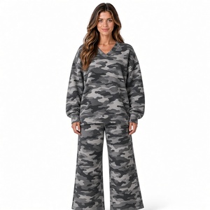 Breathable Blue Camouflage Print V Neck Sweatshirt and Long Pants Loose Fit <b>Two</b> <b>Piece</b> <b>Lounge</b> <b>Set</b> Woman Outfit - Product Image 3