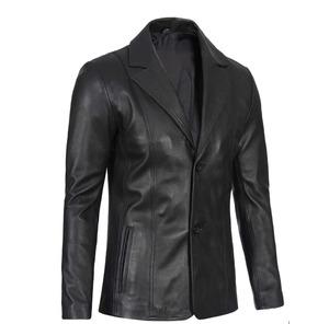 Men Black <b>Leather</b> <b>Blazer</b> Double Breasted Notched Collar Regular Fit Full Length Sleeve British Style <b>Jacket</b> - Product Image 4