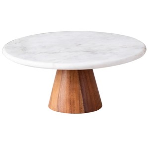 <b>Marble</b> <b>Top</b> Cake Stand with Wooden Base – Luxury Round Dessert Display Stand for Cakes, Pastries & <b>Table</b> Decor - Product Image 1