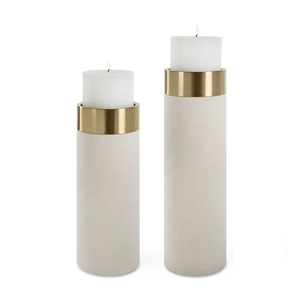 Modern White Leather & Gold Metal Pillar Candle Holder <b>Set</b> Elegant Minimalist Design Round Shape For Luxury Home Decoration - Product Image 2