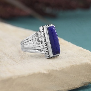Geometric <b>Lapis</b> <b>Lazuli</b> Rectangle Cabochon 925 Silver <b>Ring</b> Bezel Setting Classic Style Unisex Everyday Wear Gemstone <b>Ring</b> - Product Image 4