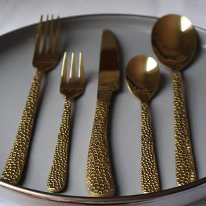 Ensemble de couverts dorés pour mariage, 5 pièces, en acier inoxydable, cuillère, fourchette, couteau, vaisselle gravée pour hôtel, maison, restaurant, décoration - Product Image 1