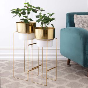Ensemble de 2 supports à plantes en métal doré moderne avec pots à motifs, jardinières décoratives d'intérieur - Product Image 5