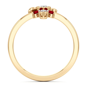Yellow Gold Three Stone Ring With Round Brilliant Cut Diamonds And Red Gemstone Classic Engagement Ring For Women - Product Image 4