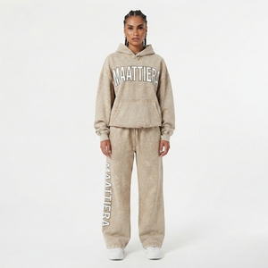 Conjunto de Sudadera con Capucha Oversize Beige Lavado y Pantalones Anchos de Felpa para Mujer, Chándal de Algodón Estilo Urbano OEM ODM - Product Image 1