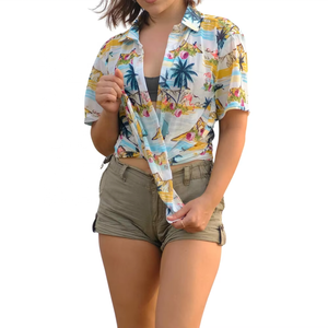 Camisa de chifón con estampado floral tropical para mujer, transpirable, de manga larga, fruncida, para piscina, viajes, resort, playa, informal, venta al por mayor - Product Image 6